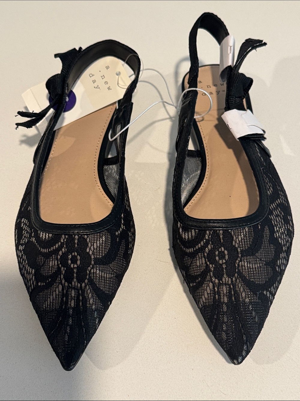 a new day Black Lace Pointed Slingback Flats with Bow Detail